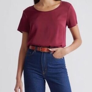 Quince Washable Stretch Silk Tee Burgundy Short Sleeve Keyhole Back Size M